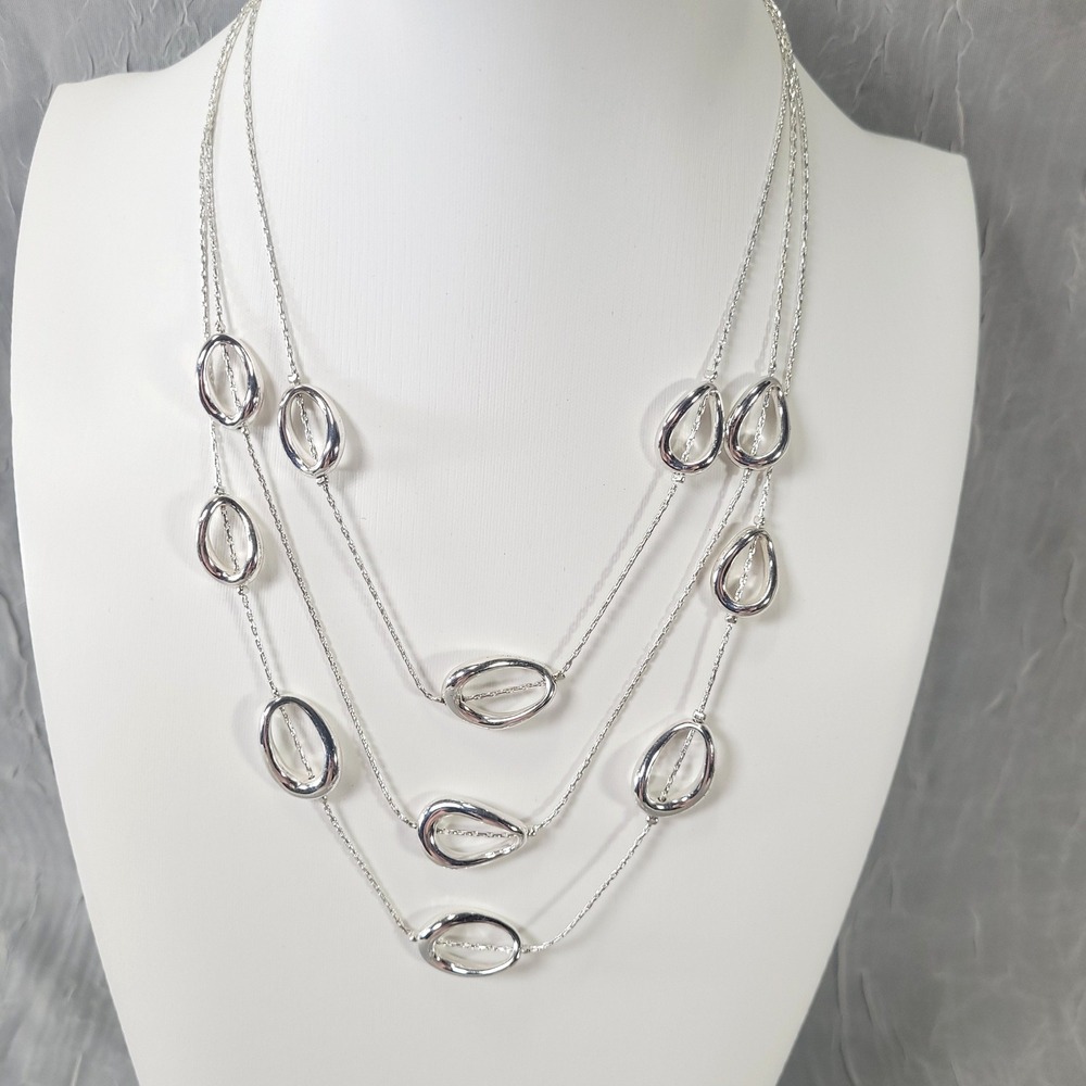 Trifari Necklace Womens Silver Tone 3 Strand Teardrop Oval Charm Layered Jewelry